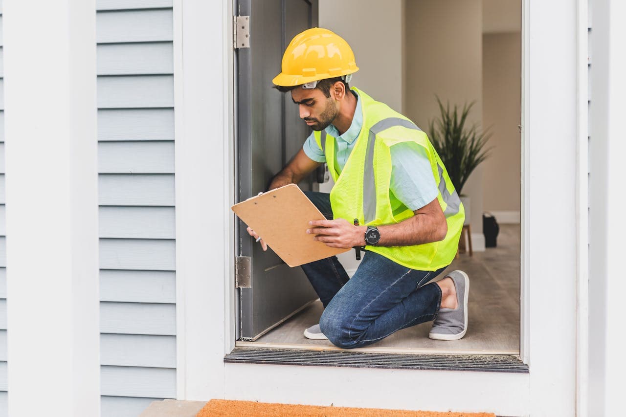 Man in yellow safety vest and hard hat inspecting house